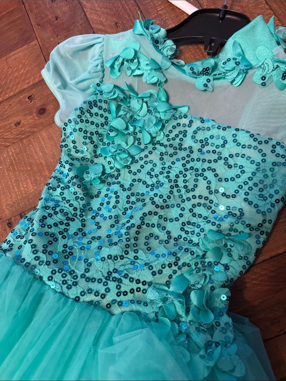 Weissman Teal Sequin Floral Tulle Dance Dress
